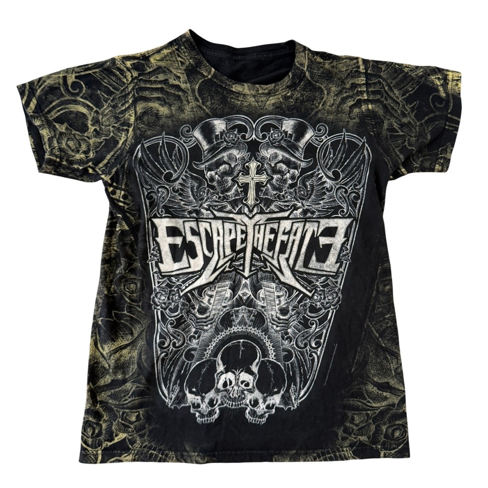 Y2K Escape The Fate Band Shirt 2011 Bravado All Over Print Skull Emo Black Tee